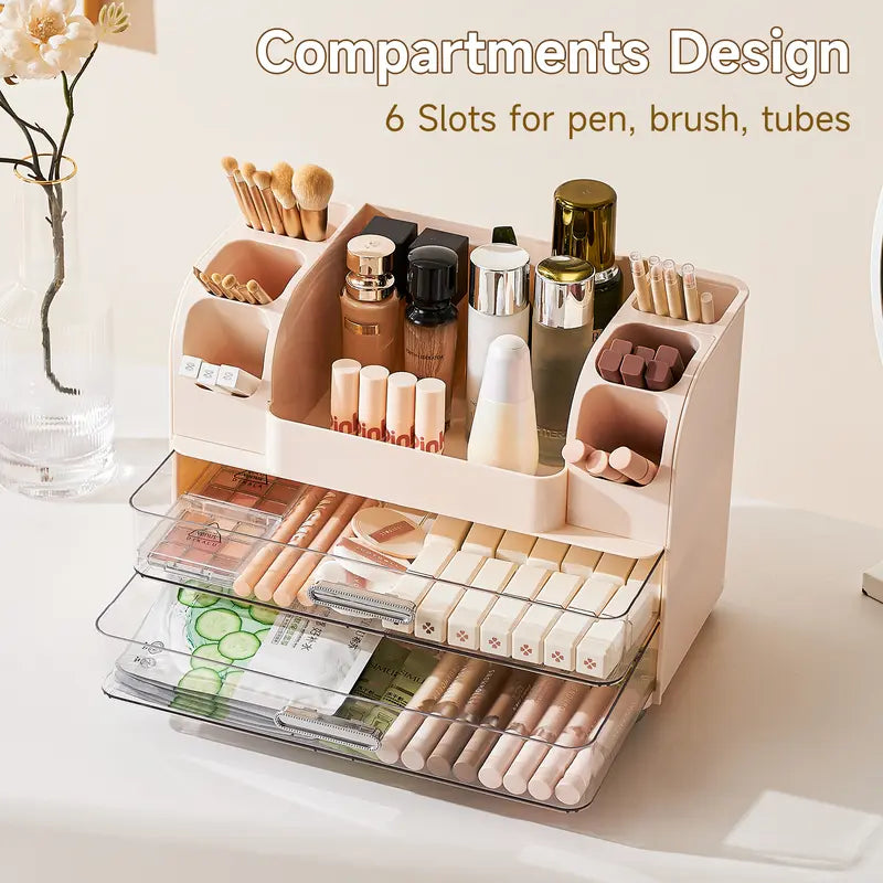 Makeup Storage Organizer Vanity Cosmetic Case with 2 Drawers, Brush Holders
