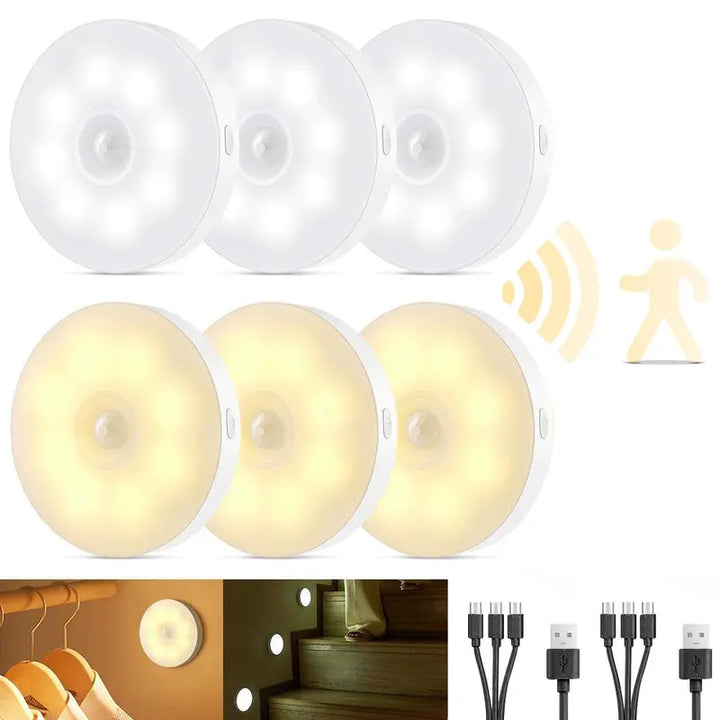 3/6 Pack 8LED Motion Sensor Night Lights – USB Rechargeable, 5 Modes for Hallway, Cabinet & Stairs