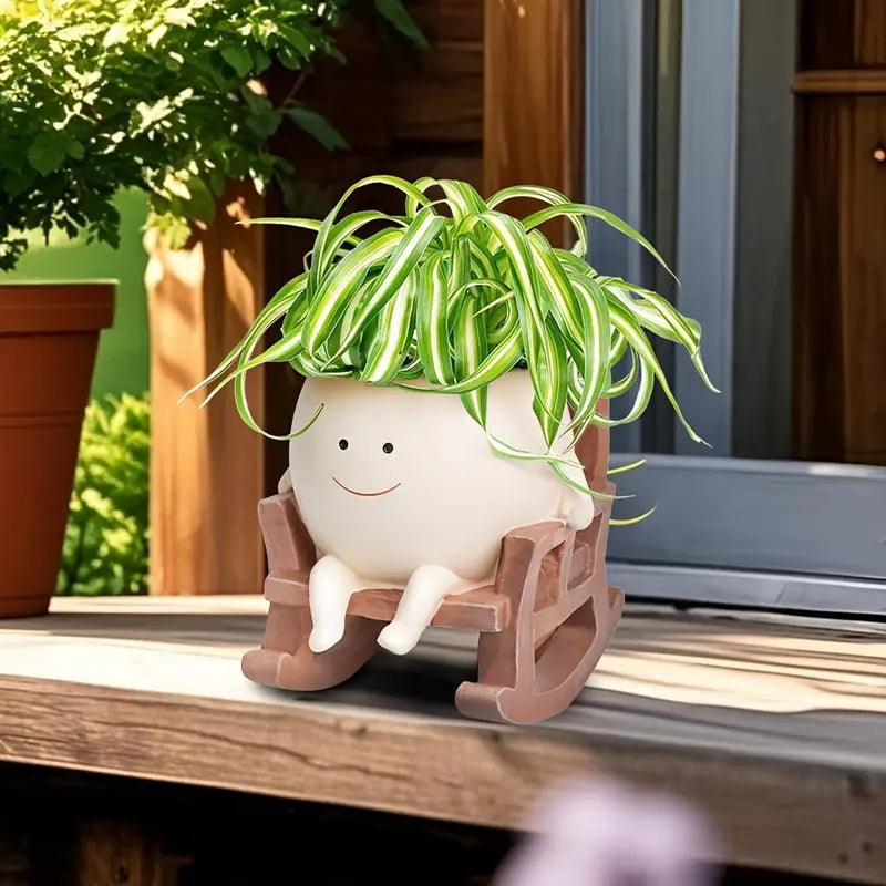 Smiley Face Garden Planter Pot Cute Rocking Chair Resin Succulent Pot with Drain Hole