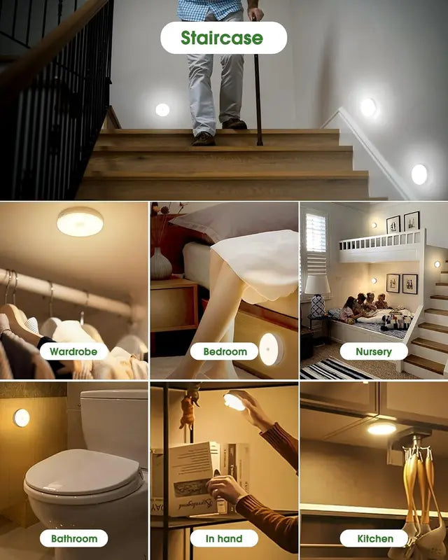 3/6 Pack 8LED Motion Sensor Night Lights – USB Rechargeable, 5 Modes for Hallway, Cabinet & Stairs
