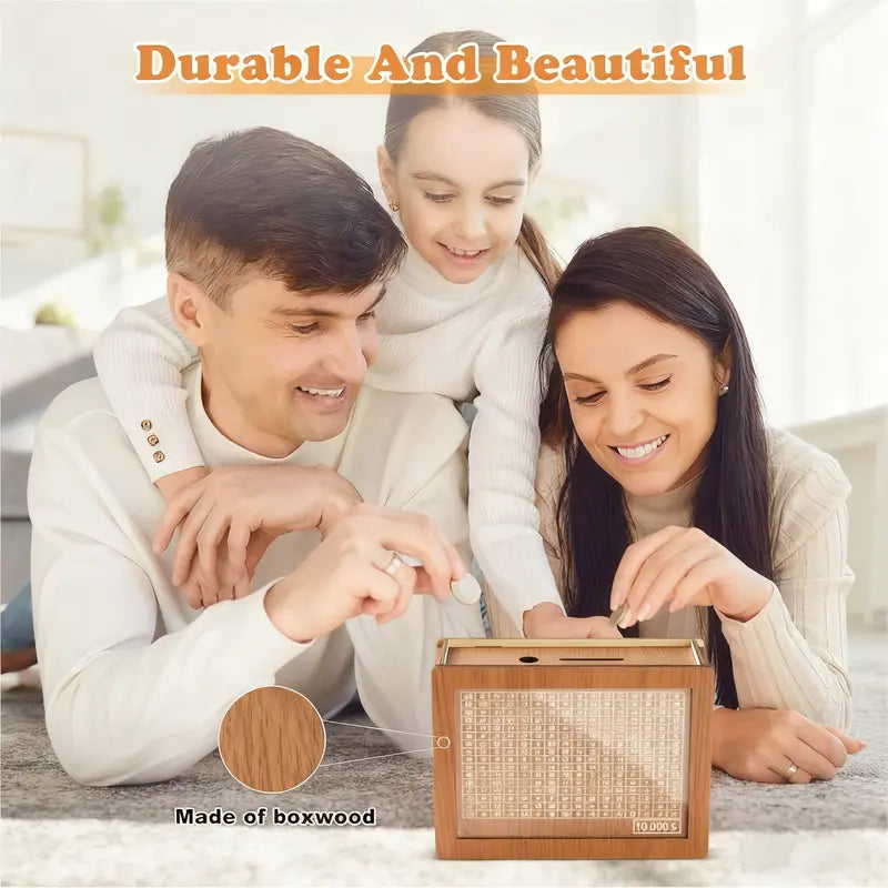 Cash Savings Challenge Box Wooden Piggy Bank for Kids, Teens & Adults Financial Goals