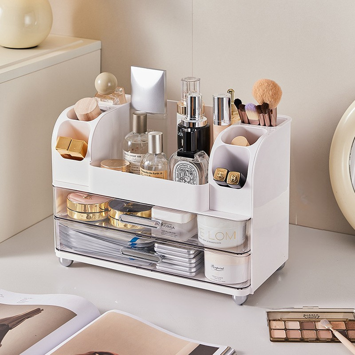 Makeup Storage Organizer Vanity Cosmetic Case with 2 Drawers, Brush Holders
