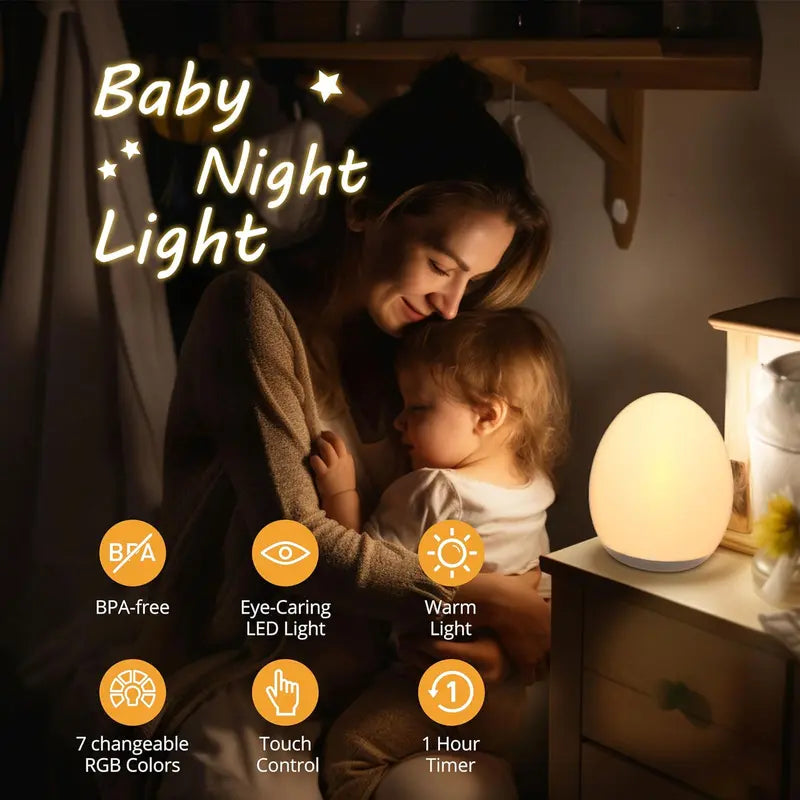 Egg Night Light for Kids – Rechargeable Tap Light with 7 Color RGB & Touch Control