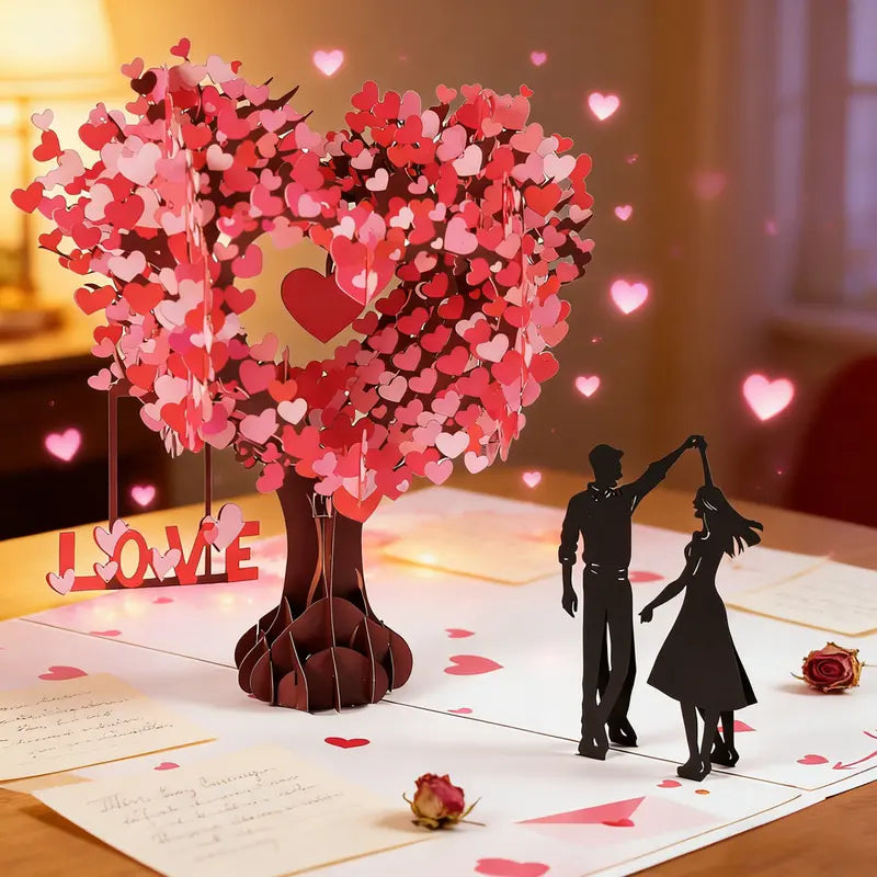 Pop-Up 3D Valentine's Day Card with Love Tree & Hearts, Wedding Card for Couple