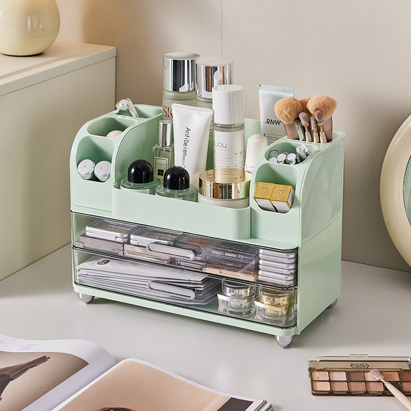 Makeup Storage Organizer Vanity Cosmetic Case with 2 Drawers, Brush Holders