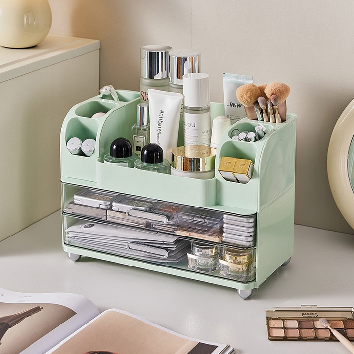 Makeup Storage Organizer Vanity Cosmetic Case with 2 Drawers, Brush Holders