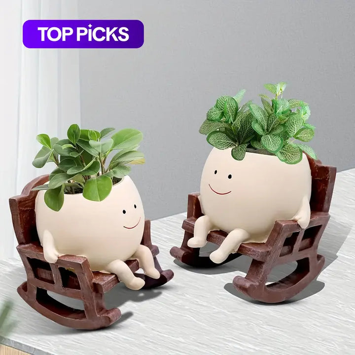 Smiley Face Garden Planter Pot Cute Rocking Chair Resin Succulent Pot with Drain Hole