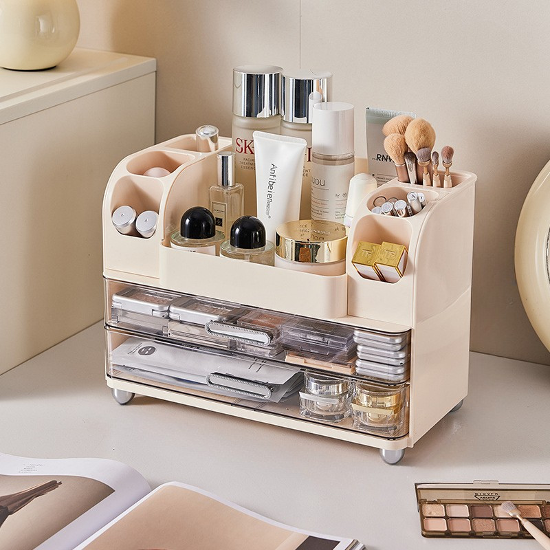 Makeup Storage Organizer Vanity Cosmetic Case with 2 Drawers, Brush Holders