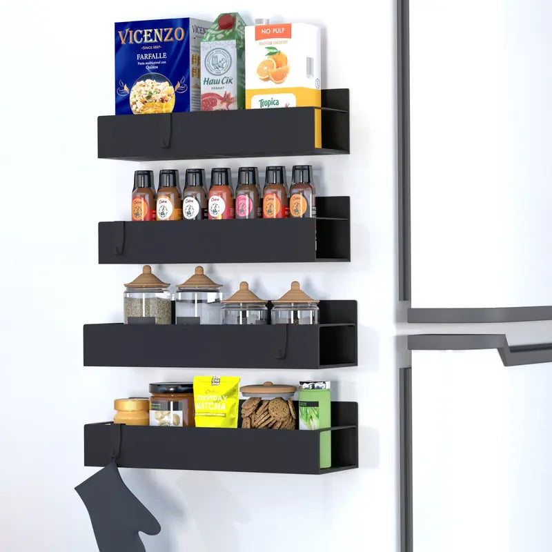 Magnetic Spice Rack Organizer Black Fridge Storage with Hooks for Refrigerator & Oven