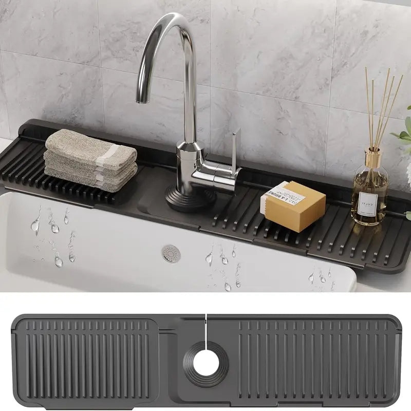 Sink Faucet Protector Mat Silicone Drainage Pad with Adjustable Hole, Waterproof and Non-Slip