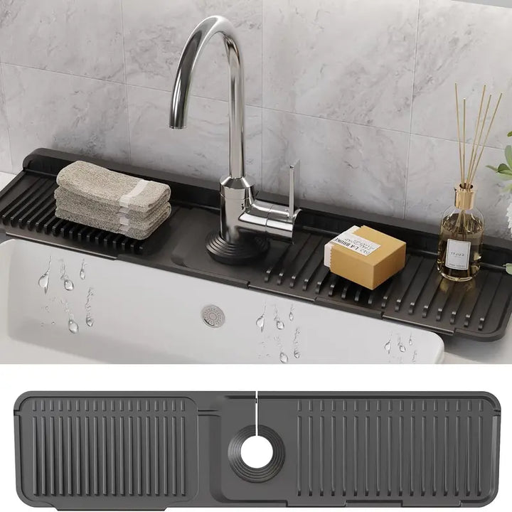 Sink Faucet Protector Mat Silicone Drainage Pad with Adjustable Hole, Waterproof and Non-Slip