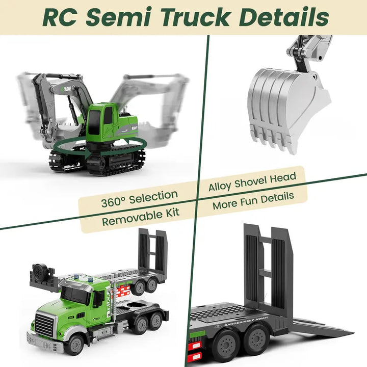 RC Semi Truck & Excavator Toy Set – 1:12 Scale with Sound, Lights, 2.4GHz Remote Control