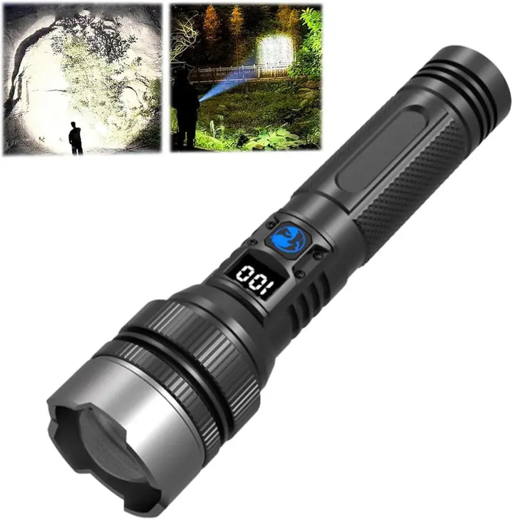 2-in-1 Rechargeable Flashlight Power Bank – Zoomable LED Torch with Digital Display, Waterproof