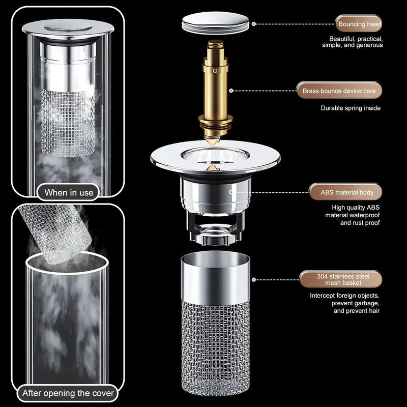 Bathroom Sink Drain Strainer – Pop Up Sink Stopper with Removable Stainless Steel Hair Catcher