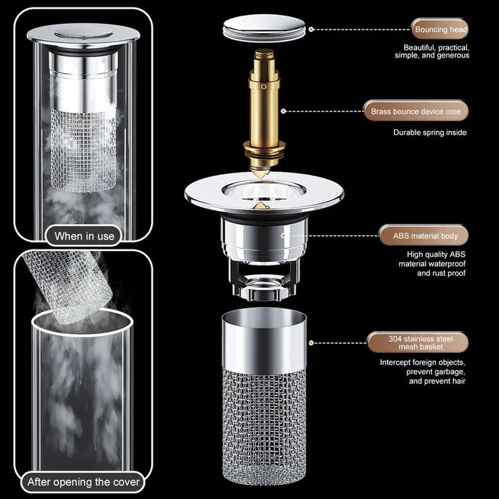 Bathroom Sink Drain Strainer – Pop Up Sink Stopper with Removable Stainless Steel Hair Catcher