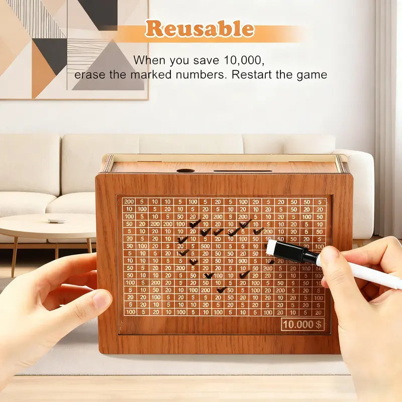 Cash Savings Challenge Box Wooden Piggy Bank for Kids, Teens & Adults Financial Goals