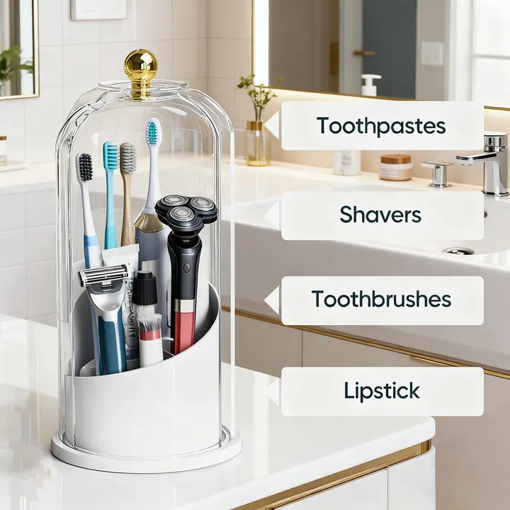 360° Spinning Toothbrush & Makeup Organizer Dustproof, Anti-Slip Bathroom Storage with Drainage
