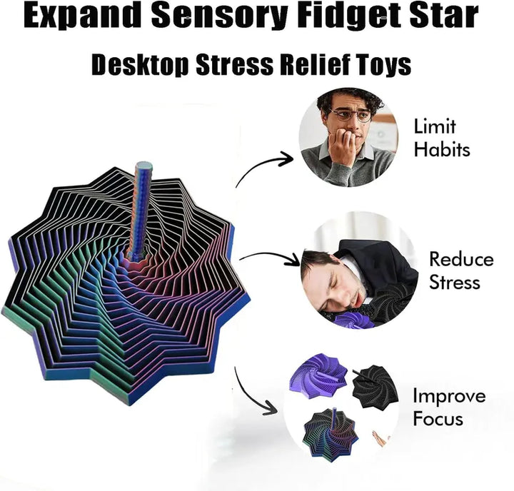 3D Printed Sensory Fidget Star Hypnotic Whirling Spiral Stress Relief Toy with Handle