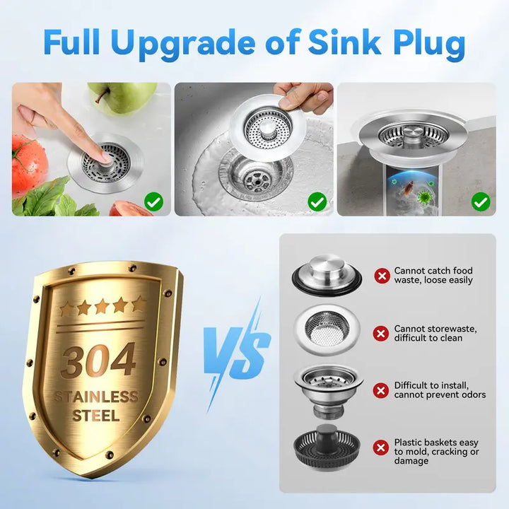 Kitchen Sink Drain Plug & Strainer – 3-in-1 Anti-Clog Deodorizing Basket, Stainless Steel