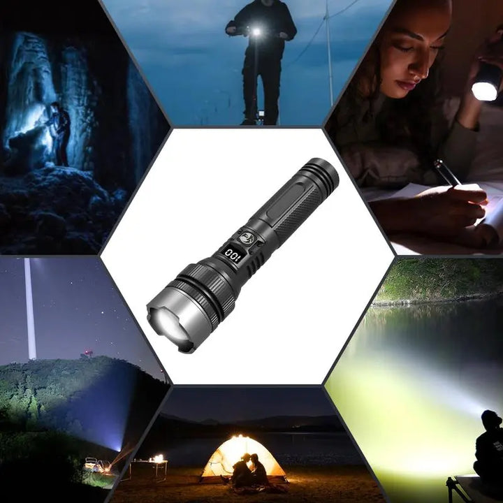 2-in-1 Rechargeable Flashlight Power Bank – Zoomable LED Torch with Digital Display, Waterproof