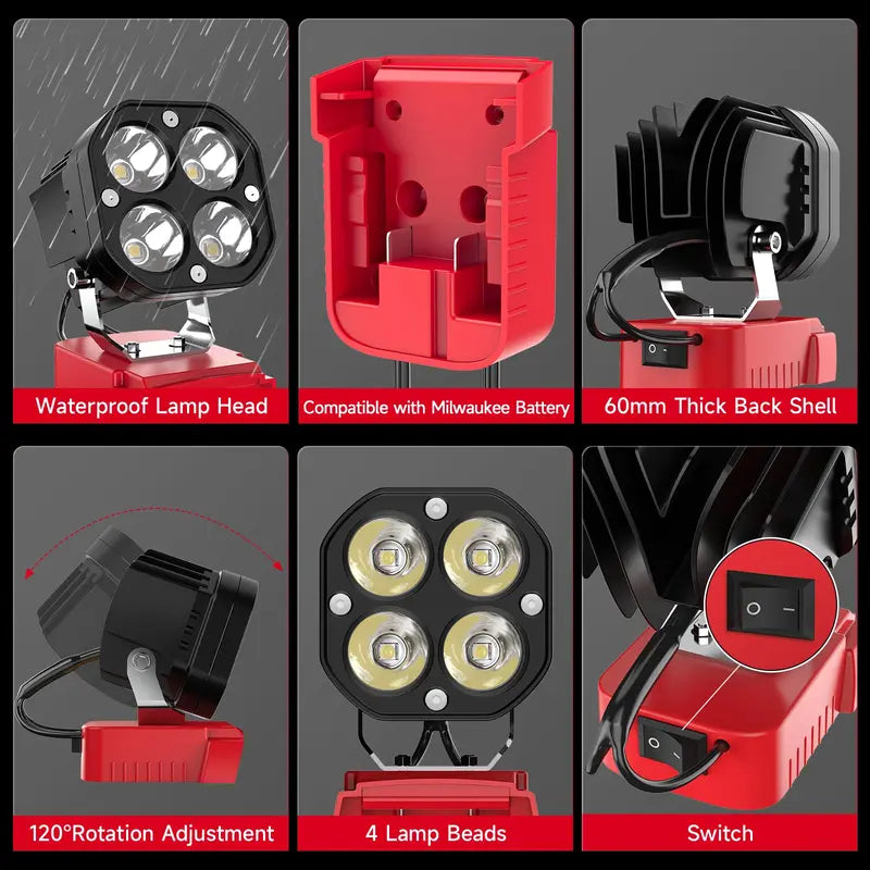 Cordless LED Work Light 40W 6000LM Adjustable Floodlight, Milwaukee Battery Compatible