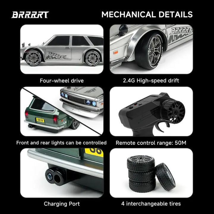 High-Speed Drift Racer with Wireless Remote Four-Wheel Drive, LED Headlights, Shock-Resistant PVC Body