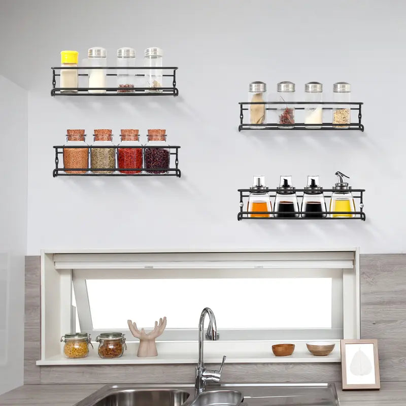 Wall Mounted Spice Organizer 2/4PCS Kitchen Storage Racks with Adhesive Stickers & Screws