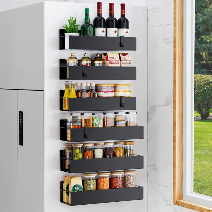 Magnetic Spice Rack Organizer Black Fridge Storage with Hooks for Refrigerator & Oven