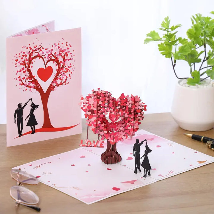 Pop-Up 3D Valentine's Day Card with Love Tree & Hearts, Wedding Card for Couple