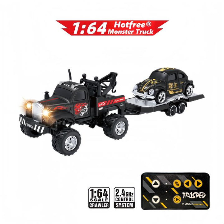 Hotfree 1/64 Mini RC Monster Truck – Metal Off-Road Stomper with Trailer, 2.4GHz Remote Control