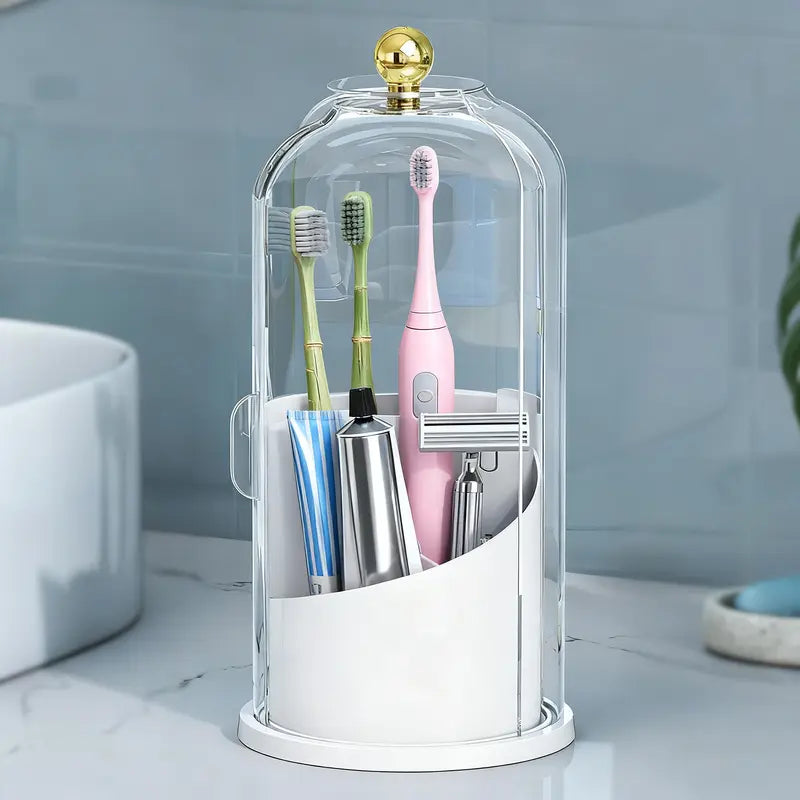360° Spinning Toothbrush & Makeup Organizer Dustproof, Anti-Slip Bathroom Storage with Drainage