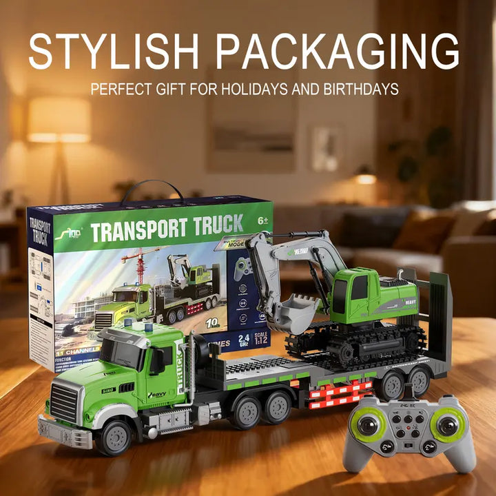 RC Semi Truck & Excavator Toy Set – 1:12 Scale with Sound, Lights, 2.4GHz Remote Control
