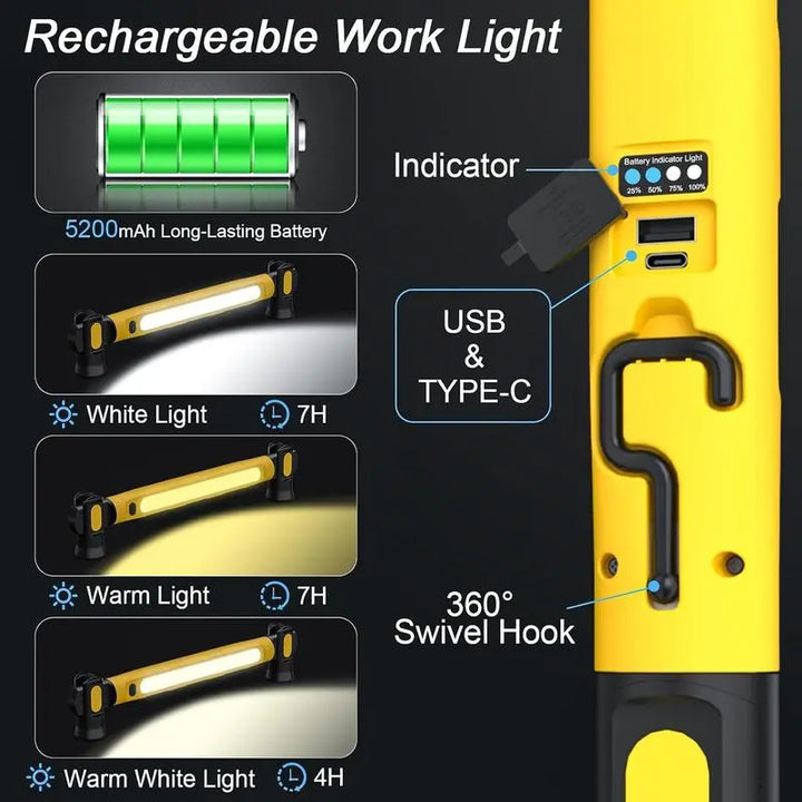 Under Hood Work Light Bar – 3000LM LED Magnetic Light with Hooks, Rechargeable
