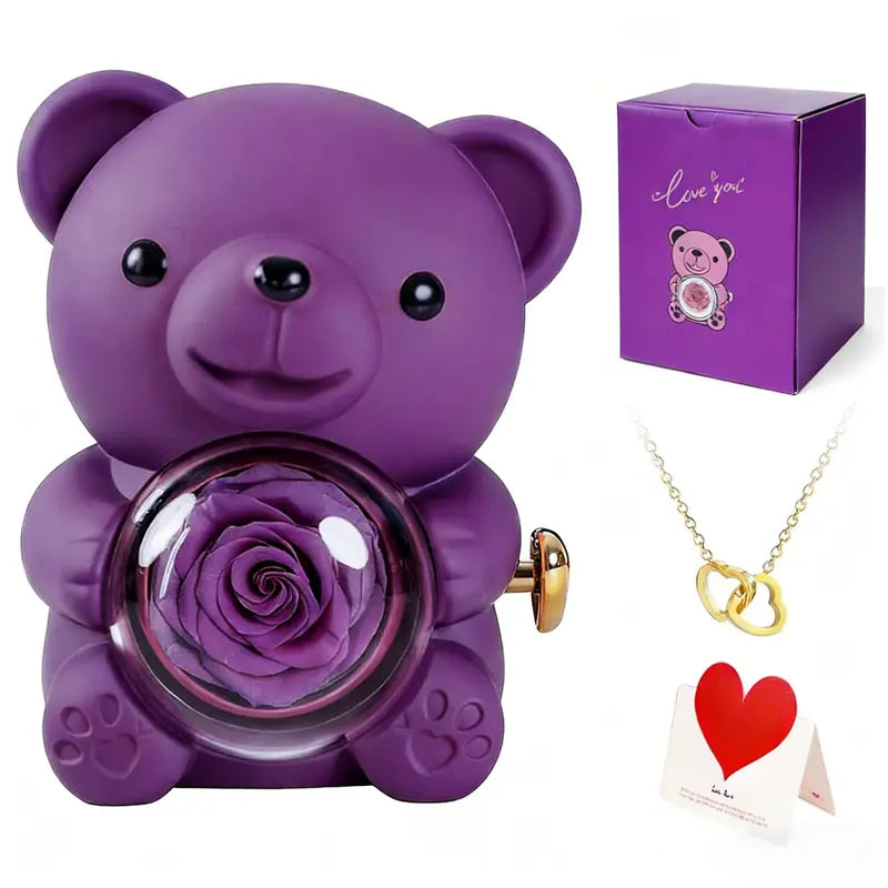 Teddy Bear with Preserved Rose Romantic Gift with Real Rose & Elegant Gift Box