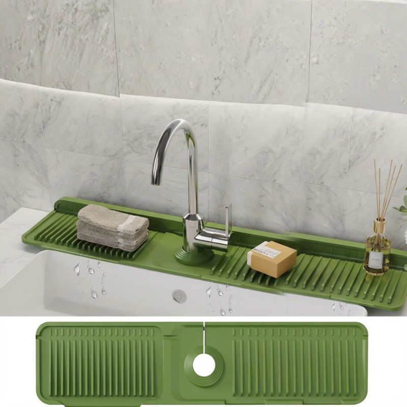 Sink Faucet Protector Mat Silicone Drainage Pad with Adjustable Hole, Waterproof and Non-Slip