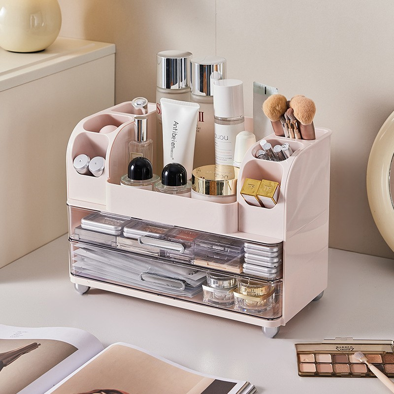 Makeup Storage Organizer Vanity Cosmetic Case with 2 Drawers, Brush Holders