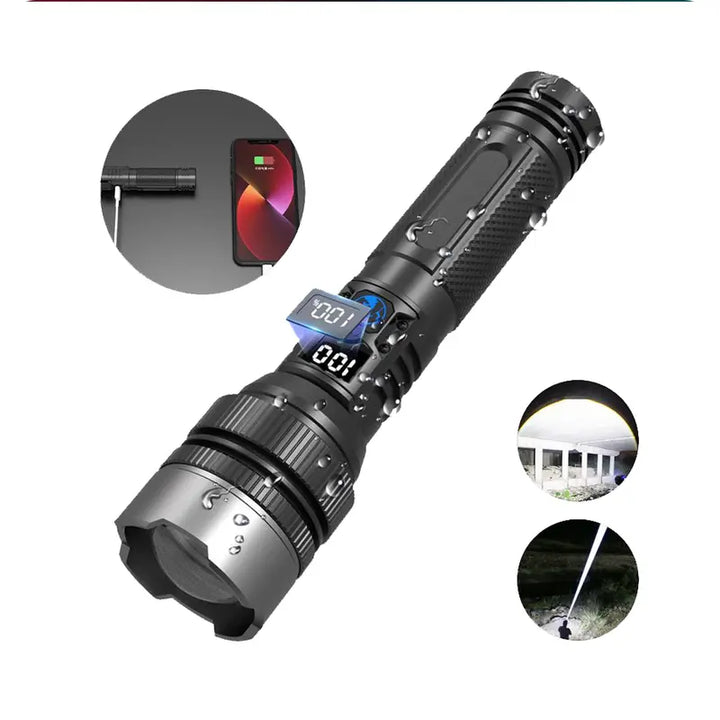 2-in-1 Rechargeable Flashlight Power Bank – Zoomable LED Torch with Digital Display, Waterproof