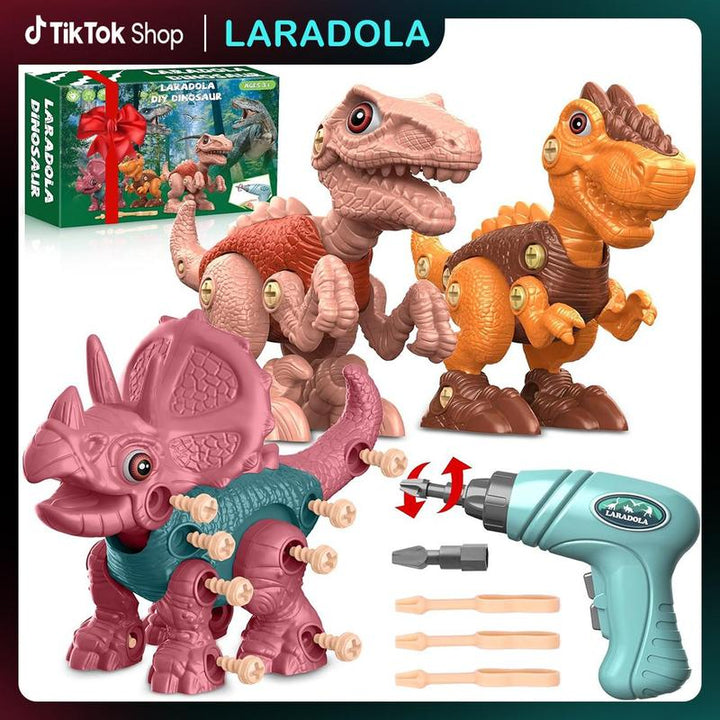 Laradola 3P Dinosaurs STEM Toy Kit – Electric Drill Dinos Action Figures, Educational Playset for Kids