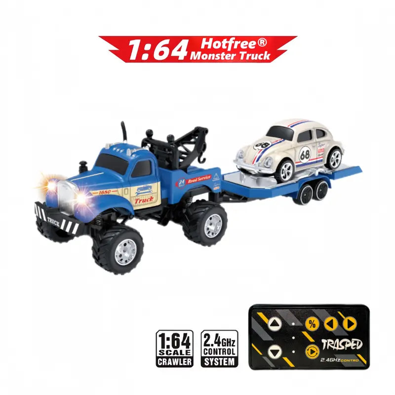 Hotfree 1/64 Mini RC Monster Truck – Metal Off-Road Stomper with Trailer, 2.4GHz Remote Control