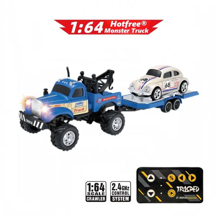 Hotfree 1/64 Mini RC Monster Truck – Metal Off-Road Stomper with Trailer, 2.4GHz Remote Control