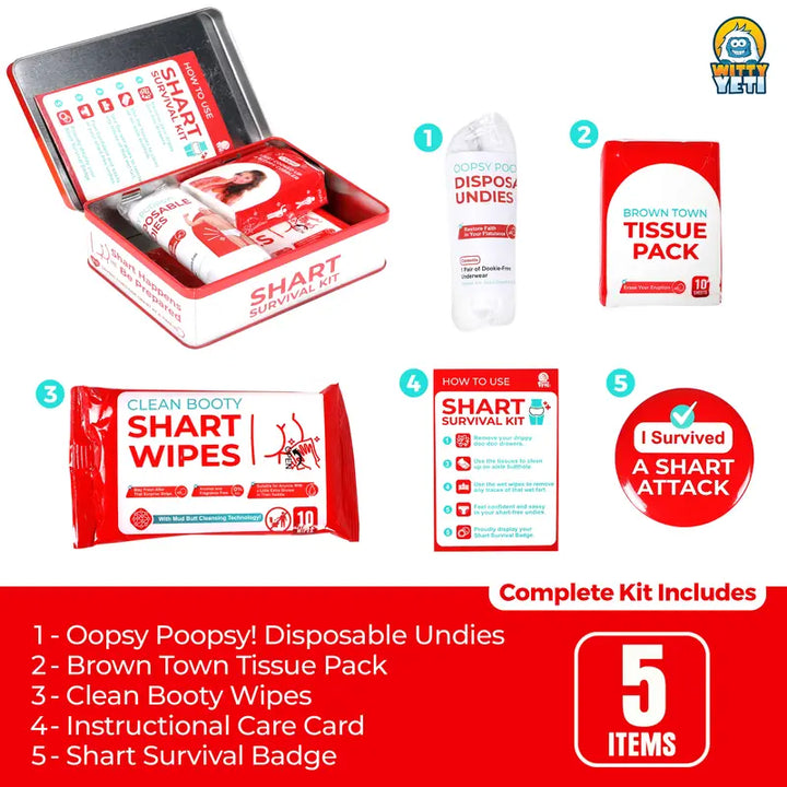Funny Shart Survival Kit – Ultimate Poop Prank Gag Gift with Wet Wipes, Underwear, and Badge