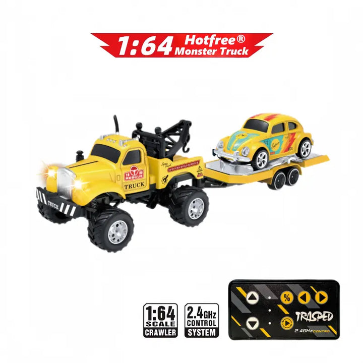 Hotfree 1/64 Mini RC Monster Truck – Metal Off-Road Stomper with Trailer, 2.4GHz Remote Control