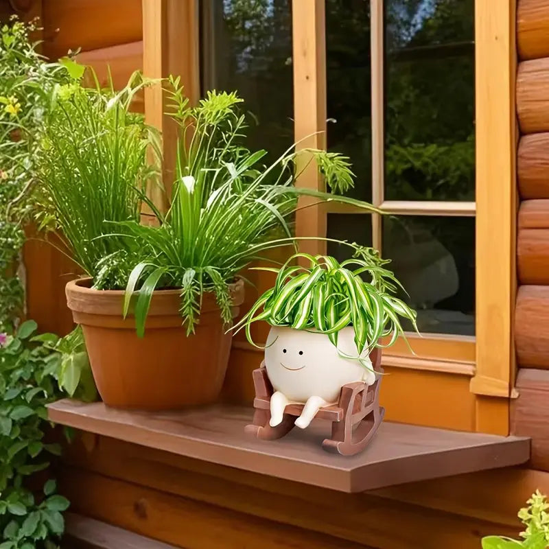 Smiley Face Garden Planter Pot Cute Rocking Chair Resin Succulent Pot with Drain Hole