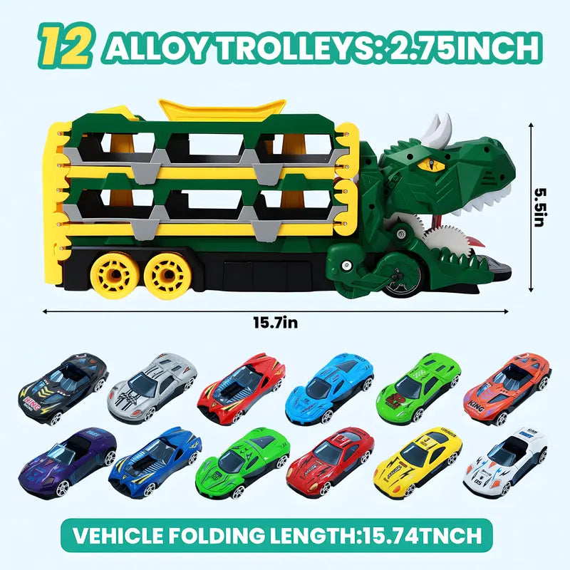 Dinosaur Transport Truck Toy – 12 Die-Cast Cars, Dino Transformation, Ideal Gift for 3-6 Year Old Boys