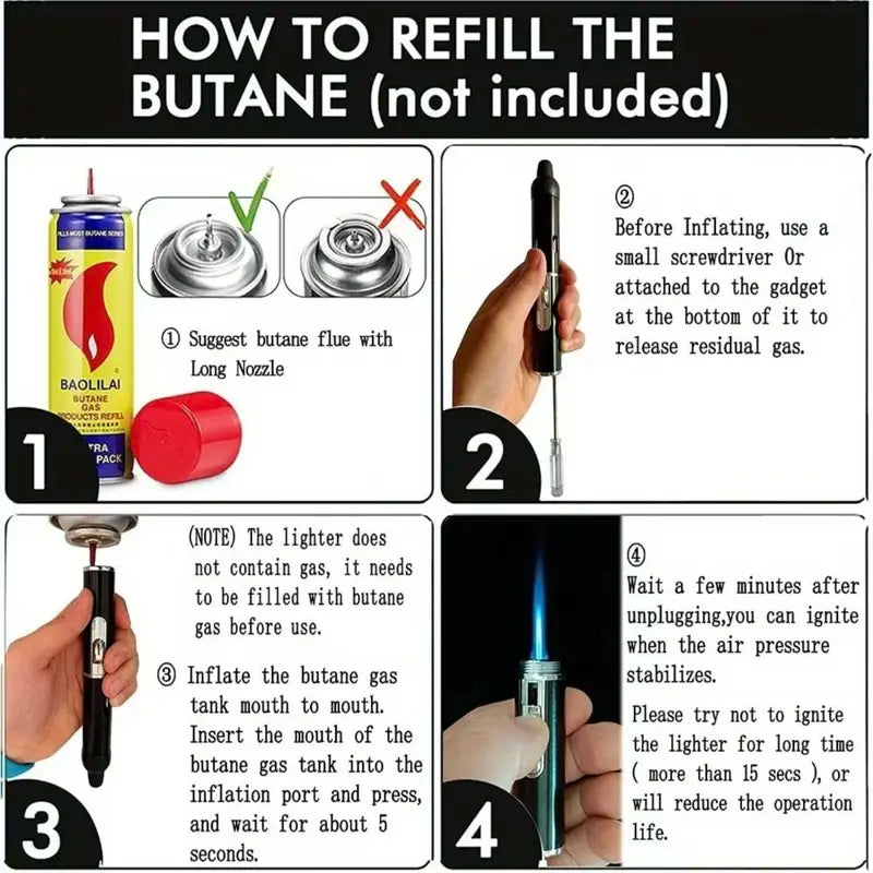 Refillable Metal Butane Torch Lighter Windproof Jet Flame with Adjustable, Child-Resistant Safety