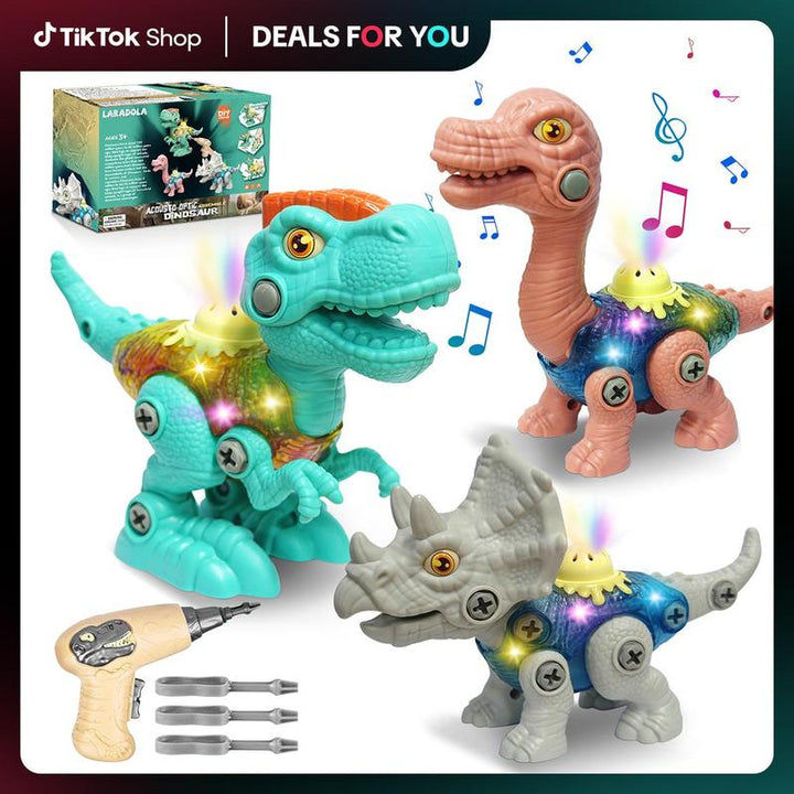 Laradola 3P Dinosaurs STEM Toy Kit – Electric Drill Dinos Action Figures, Educational Playset for Kids