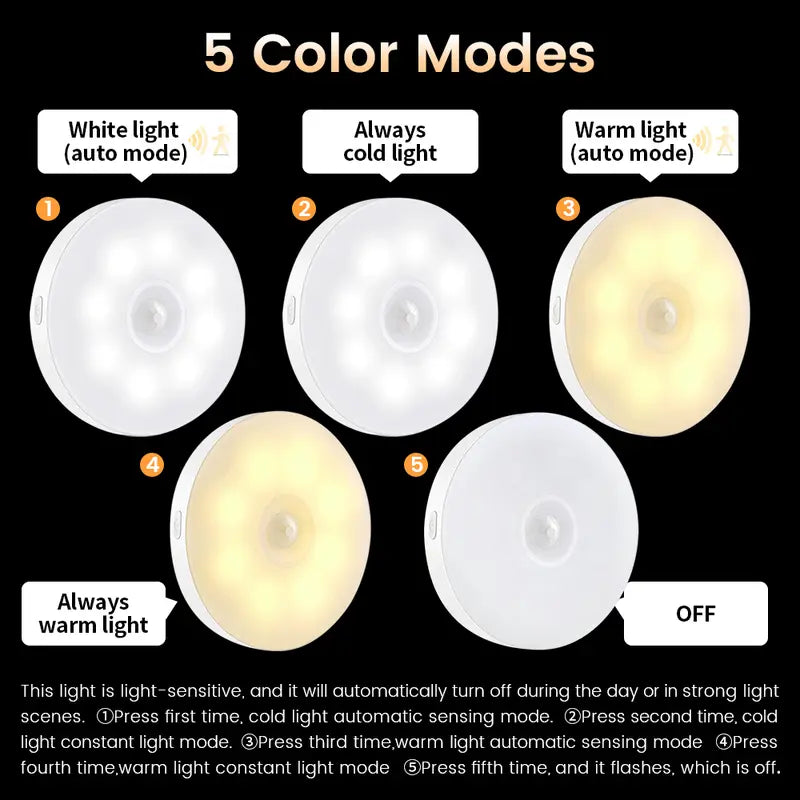 3/6 Pack 8LED Motion Sensor Night Lights – USB Rechargeable, 5 Modes for Hallway, Cabinet & Stairs