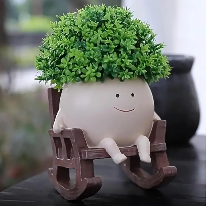 Smiley Face Garden Planter Pot Cute Rocking Chair Resin Succulent Pot with Drain Hole