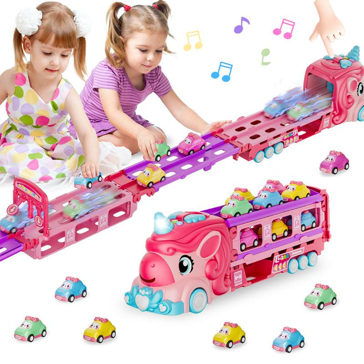 Unicorn Car Toy for Kids 2-7 – Multifunction Foldable Track, 2-Player Race Game with Lights & Sound