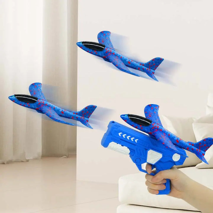 Foam Glider Airplane Toy for Kids – 9.45-inch Airplane with Blue Launcher & 3 Flight Toys